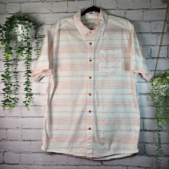 REEL LIFE SHORT SLEEVE MENS BUTTON DOWN SHIRT WHITE WITH ORANGE STRIPES SIZE XL - Picture 1 of 7